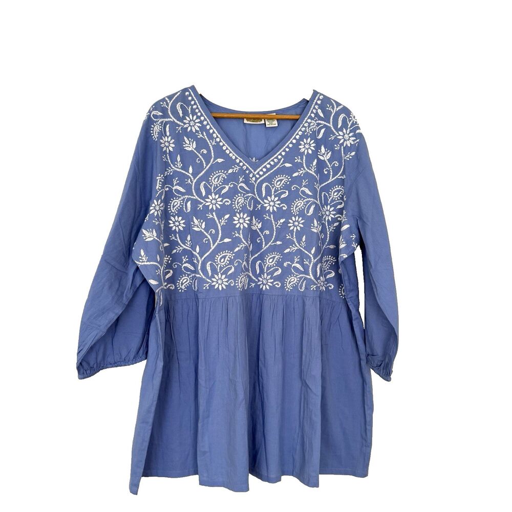 Collections Ect Tiered 100% Cotton Babydoll Blouse Blue Women's XXL Cottage Boho - Picture 2 of 6